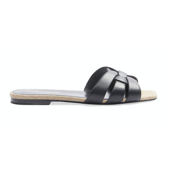 Saint Laurent YSL Tribute Nu Pieds Black Leather Beige Rope Slide Sandal Flat 36 - Picture 1 of 12